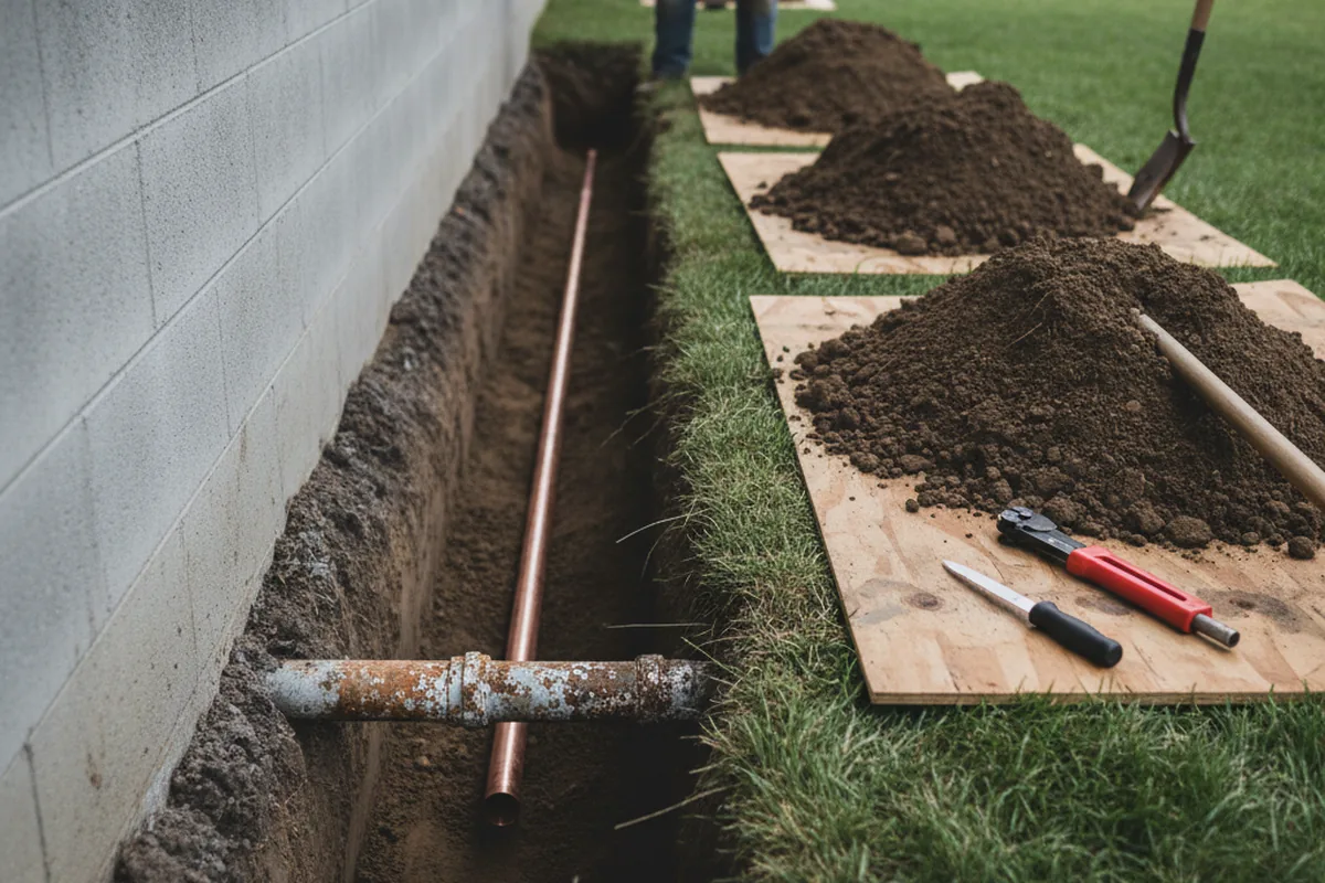Excavated water line trench during Water Heater Repair in National City
